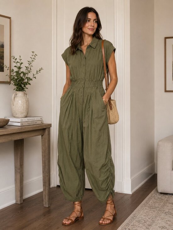 Anthropologie Pants - Anthropologie Green Button Front Elastic Waist Pocket Cinched leg Jumpsuit Large